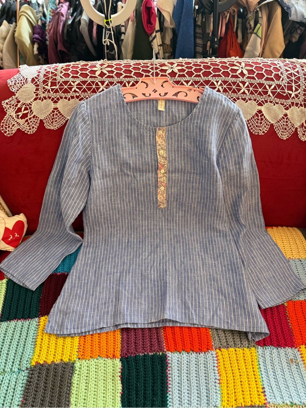 Sailor Rose Luxury Cotton Blue Pinstripe Peasant Blouse with paisly